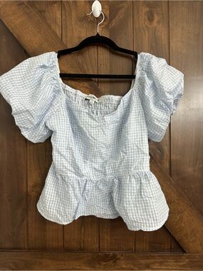 Lily White Light Blue Gingham Puff-Sleeve Peplum Blouse